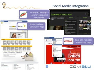 © COPYRIGHT 2013, COMBLU, Inc.
26
Social Media Integration
21
Sprint Facebook
Community Page
Lil Wayne Campaign –
social crowdsourced
commercial
Coca-Cola Facebook
Community Page
 
