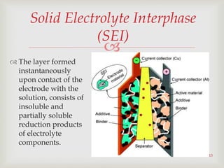 
13
Solid Electrolyte Interphase
(SEI)
 The layer formed
instantaneously
upon contact of the
electrode with the
solution, consists of
insoluble and
partially soluble
reduction products
of electrolyte
components.
 