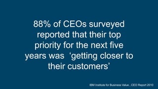88% of CEOs surveyed
   reported that their top
  priority for the next five
years was „getting closer to
      their customers‟
                IBM Institute for Business Value , CEO Report 2010
 