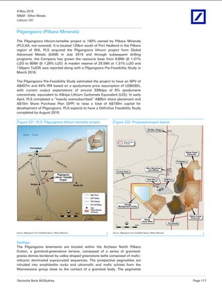 9 May 2016
M&M - Other Metals
Lithium 101
Deutsche Bank AG/Sydney Page 117
Pilgangoora (Pilbara Minerals)
The Pilgangoora lithium-tantalite project is 100% owned by Pilbara Minerals
(PLS.AX, not covered). It is located 120km south of Port Hedland in the Pilbara
region of WA. PLS acquired the Pilgangoora lithium project from Global
Advanced Metals (GAM) in July 2014 and through subsequent drilling
programs, the Company has grown the resource base from 8.6Mt @ 1.01%
Li2O to 80Mt @ 1.26% Li2O. A maiden reserve of 29.5Mt at 1.31% Li2O and
134ppm Ta2O5 was reported along with a Pilgangoora Pre-Feasibility Study in
March 2016.
The Pilgangoora Pre-Feasibility Study estimated the project to have an NPV of
A$407m and 44% IRR based on a spodumene price assumption of US$430/t,
with current output expectations of around 330ktpa of 6% spodumene
concentrate, equivalent to 43ktpa Lithium Carbonate Equivalent (LCE). In early
April, PLS completed a “heavily oversubscribed” A$85m share placement and
A$15m Share Purchase Plan (SPP) to raise a total of A$100m capital for
development of Pilgangoora. PLS expects to have a Definitive Feasibility Study
completed by August 2016.
Figure 231: PLS’ Pilgangoora lithium-tantalite project Figure 232: Proposed project layout
Source: Pilgangoora Pre-Feasibility Report, Pilbara Minerals Source: Pilgangoora Pre-Feasibility Report, Pilbara Minerals
Geology
The Pilgangoora tenements are located within the Archean North Pilbara
Craton, a granitoid-greenstone terrane, composed of a series of granitoid-
gneiss domes bordered by valley-shaped greenstone belts composed of mafic-
volcanic dominated supracrustal sequences. The prospective pegmatites are
intruded into amphibolite rocks and ultramafic and mafic schists from the
Warrawoona group close to the contact of a granitoid body. The pegmatite
 