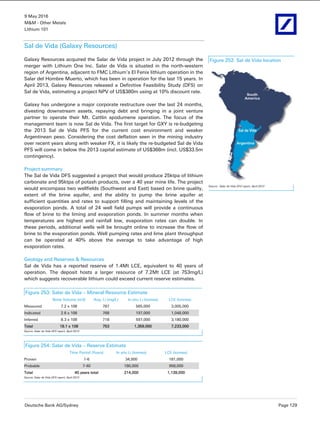 9 May 2016
M&M - Other Metals
Lithium 101
Deutsche Bank AG/Sydney Page 129
Sal de Vida (Galaxy Resources)
Galaxy Resources acquired the Salar de Vida project in July 2012 through the
merger with Lithium One Inc. Salar de Vida is situated in the north-western
region of Argentina, adjacent to FMC Lithium’s El Fenix lithium operation in the
Salar del Hombre Muerto, which has been in operation for the last 15 years. In
April 2013, Galaxy Resources released a Definitive Feasibility Study (DFS) on
Sal de Vida, estimating a project NPV of US$380m using at 10% discount rate.
Galaxy has undergone a major corporate restructure over the last 24 months,
divesting downstream assets, repaying debt and bringing in a joint venture
partner to operate their Mt. Cattlin spodumene operation. The focus of the
management team is now Sal de Vida. The first target for GXY is re-budgeting
the 2013 Sal de Vida PFS for the current cost environment and weaker
Argentinean peso. Considering the cost deflation seen in the mining industry
over recent years along with weaker FX, it is likely the re-budgeted Sal de Vida
PFS will come in below the 2013 capital estimate of US$368m (incl. US$33.5m
contingency).
Project summary
The Sal de Vida DFS suggested a project that would produce 25ktpa of lithium
carbonate and 95ktpa of potash products, over a 40 year mine life. The project
would encompass two wellfields (Southwest and East) based on brine quality,
extent of the brine aquifer, and the ability to pump the brine aquifer at
sufficient quantities and rates to support filling and maintaining levels of the
evaporation ponds. A total of 24 well field pumps will provide a continuous
flow of brine to the liming and evaporation ponds. In summer months when
temperatures are highest and rainfall low, evaporation rates can double. In
these periods, additional wells will be brought online to increase the flow of
brine to the evaporation ponds. Well pumping rates and lime plant throughput
can be operated at 40% above the average to take advantage of high
evaporation rates.
Geology and Reserves & Resources
Sal de Vida has a reported reserve of 1.4Mt LCE, equivalent to 40 years of
operation. The deposit hosts a larger resource of 7.2Mt LCE (at 753mg/L)
which suggests recoverable lithium could exceed current reserve estimates.
Figure 253: Salar de Vida – Mineral Resource Estimate
Brine Volume (m3) Avg. Li (mg/L) In situ Li (tonnes) LCE (tonnes)
Measured 7.2 x 108 787 565,000 3,005,000
Indicated 2.6 x 108 768 197,000 1,048,000
Inferred 8.3 x 108 718 597,000 3,180,000
Total 18.1 x 108 753 1,359,000 7,233,000
Source: Salar de Vida DFS report, April 2013
Figure 254: Salar de Vida – Reserve Estimate
Time Period (Years) In situ Li (tonnes) LCE (tonnes)
Proven 1-6 34,000 181,000
Probable 7-40 180,000 958,000
Total 40 years total 214,000 1,139,000
Source: Salar de Vida DFS report, April 2013
Figure 252: Sal de Vida location
Source: Salar de Vida DFS report, April 2013
 