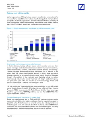 9 May 2016
M&M - Other Metals
Lithium 101
Page 18 Deutsche Bank AG/Sydney
Battery cost falling rapidly
Market expectations of falling battery costs are based on the construction of a
number of large-scale lithium-ion battery manufacturing plants mainly in China
(except the US-based ‘Gigafactory’). These facilities should bring economy of
scale to lithium-ion battery manufacturing, which should allow battery costs to
reach US$100-200/kWh without any further technological advances.
Figure 21: Significant investment is underway on the battery supply chain
0
50
100
150
200
250
300
2013 2014 2015 2016 2017 2018 2019 2020
Megafactoriescapacity(GWh)
Current capacity Tesla BYD
Foxconn Optimum Nano China Aviation
Samsung SDI Boston Power Shandong Winabattery
LG chem BAK Battery Co. Guoxuan
CATL Zhejiang Tianneng power China - Others
Source: Deutsche Bank; BMI
Small tweaks in chemistry unlocking cell efficiencies
In Electric Vehicles, battery cells are placed within modules which are then
placed into larger packs that include electronic battery management systems,
electrical connectors, switches, and thermal controls (heating and cooling).
Typically, the pack level systems account for around 20% of the cost of the
battery pack (i.e. battery cells/modules account for 80%). Slow but steady
progress continues to be made in improving the energy density of batteries
through reformulation of the materials used (typically taking non-active
materials out), reducing the cost of materials, cell design, production speed,
and production yield. This has resulted in increased energy density and
reduced costs on both a cell level and battery pack level.
The first lithium ion cells produced by Sony Corporation in the 1990’s had
energy density levels of roughly 90Wh/kg and cost US$2,000/kWh. Today’s
Panasonic 18650 batteries used in Tesla Electric Vehicles have an energy
density of approximately 150Wh/kg and they cost less than US$250/kWh. We
expect this trend to continue.
Global majors entering the race for EV market share
Global car manufacturers, led by Tesla and GM, continue to enter supply
agreements with lithium-ion battery producers ahead of expected increases in
global EV sales. Tesla/Panasonic is currently setting the industry benchmark
for battery pack costs. We estimate that Tesla is already below US$200/kWh
for its cells and at around US$225/kWh for their entire battery pack including
power electronics, thermal management, and an accrual for warranty.
 