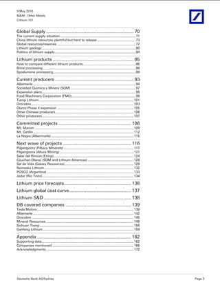 9 May 2016
M&M - Other Metals
Lithium 101
Deutsche Bank AG/Sydney Page 3
Global Supply .................................................................... 70 
The current supply situation...............................................................................71 
China lithium resources plentiful but hard to release ........................................73 
Global resources/reserves ..................................................................................77 
Lithium geology..................................................................................................80 
Politics of lithium supply ....................................................................................84 
Lithium products ............................................................... 85 
How to compare different lithium products.......................................................86 
Brine processing.................................................................................................88 
Spodumene processing......................................................................................89 
Current producers ............................................................. 93 
Albemarle............................................................................................................94 
Sociedad Quimica y Minera (SQM)....................................................................97 
Expansion plans..................................................................................................98 
Food Machinery Corporation (FMC)...................................................................99 
Tianqi Lithium...................................................................................................101 
Orocobre...........................................................................................................103 
Olaroz Phase II expansion ................................................................................105 
Other Chinese producers..................................................................................106 
Other producers................................................................................................107 
Committed projects......................................................... 108 
Mt. Marion........................................................................................................109 
Mt. Cattlin.........................................................................................................112 
La Negra (Albermarle) ......................................................................................115 
Next wave of projects ..................................................... 116 
Pilgangoora (Pilbara Minerals) .........................................................................117 
Pilgangoora (Altura Mining) .............................................................................121 
Salar del Rincon (Enirgi) ...................................................................................124 
Cauchari-Olaroz (SQM and Lithium Americas) ................................................128 
Sal de Vida (Galaxy Resources)........................................................................129 
Nemaska Lithium..............................................................................................132 
POSCO (Argentina) ...........................................................................................133 
Jadar (Rio Tinto)................................................................................................134 
Lithium price forecasts.................................................... 136 
Lithium global cost curve................................................ 137 
Lithium S&D .................................................................... 138 
DB covered companies ................................................... 139 
Tesla Motors.....................................................................................................139 
Albemarle..........................................................................................................142 
Orocobre...........................................................................................................145 
Mineral Resources............................................................................................149 
Sichuan Tianqi ..................................................................................................156
Ganfeng Lithium...............................................................................................159 
Appendix ......................................................................... 162 
Supporting data................................................................................................162 
Companies mentioned .....................................................................................166 
Acknowledgments............................................................................................172 
 