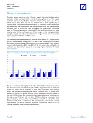 9 May 2016
M&M - Other Metals
Lithium 101
Page 66 Deutsche Bank AG/Sydney
Margins in the supply chain
There are several segments in the EV/battery supply chain, and we believe that
upstream might eventually be the most attractive place to be. We expect
upstream players to benefit from increases in both selling price and volume,
which should drive their top line and bottom line to climb significantly in
coming years. For mid-stream segments such as cathodes, anode, electrolytes
and separators, the entry barriers are not necessarily high, and players might
be facing risks of picking the right technology. For downstream companies
such as EV/battery producers, reducing ASP is critical to ensuring that sales
volume takes off. As such, upstream lithium might be the best place to be
along the supply chain because of common usage, limited resources, and a
tight supply market for the next three years.
The following chart presents Return-On-Equity (RoE) results for Chinese lithium
industry companies for 2014 and 2015 as well as RoE forecasts for 2016 (using
Bloomberg consensus data). All subsectors in the battery supply chain have an
improving RoE outlook in 2016 than 2014/2015. It is evident that profitability of
upstream and downstream players is on average higher than that of middle
stream players.
Figure 141: Chinese lithium industry companies’ Return-On-Equity (RoE)
Source: Deutsche Bank, Bloomberg Finance LP
Based on our forecast of high growth in the EV and lithium battery industries,
the slow ramp-up of new lithium supply, and the oligopolistic nature of lithium
supply, we expect lithium producers to enjoy great profitability in the coming
years. We forecast the battery-grade lithium carbonate price to remain high
above US$15,000/t LCE as the deficit of lithium is likely to continue, at least in
the next 12-18 months. Our cost sensitivity analysis leads us to conclude that
the high price of lithium will not deter EV/lithium battery penetration from
growing quickly, because total cost of lithium material as a % of the total
battery is only 5-7%. Furthermore, EV manufacturers cannot find suitable
replacements for lithium batteries. However, mid-stream players such as
cathode producers might face a margin squeeze.
 