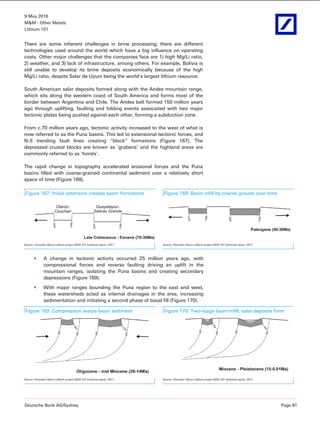 9 May 2016
M&M - Other Metals
Lithium 101
Deutsche Bank AG/Sydney Page 81
There are some inherent challenges in brine processing; there are different
technologies used around the world which have a big influence on operating
costs. Other major challenges that the companies face are 1) high Mg/Li ratio,
2) weather, and 3) lack of infrastructure, among others. For example, Bolivia is
still unable to develop its brine deposits economically because of the high
Mg/Li ratio, despite Salar de Uyuni being the world’s largest lithium resource.
South American salar deposits formed along with the Andes mountain range,
which sits along the western coast of South America and forms most of the
border between Argentina and Chile. The Andes belt formed 150 million years
ago through uplifting, faulting and folding events associated with two major
tectonic plates being pushed against each other, forming a subduction zone.
From c.70 million years ago, tectonic activity increased to the west of what is
now referred to as the Puna basins. This led to extensional tectonic forces, and
N-S trending fault lines creating “block” formations (Figure 167). The
depressed crustal blocks are known as ‘grabens’ and the highland areas are
commonly referred to as ‘horsts’.
The rapid change in topography accelerated erosional forces and the Puna
basins filled with coarse-grained continental sediment over a relatively short
space of time (Figure 168).
Figure 167: Initial extension creates basin formations Figure 168: Basin infill by coarse gravels over time
Source: Orocobre Olaroz Lithium project NI43-101 technical report, 2011 Source: Orocobre Olaroz Lithium project NI43-101 technical report, 2011
A change in tectonic activity occurred 25 million years ago, with
compressional forces and reverse faulting driving an uplift in the
mountain ranges, isolating the Puna basins and creating secondary
depressions (Figure 169).
With major ranges bounding the Puna region to the east and west,
these watersheds acted as internal drainages in the area, increasing
sedimentation and initiating a second phase of basal fill (Figure 170).
Figure 169: Compression warps basin sediment Figure 170: Two-stage basin infill; salar deposits form
Source: Orocobre Olaroz Lithium project NI43-101 technical report, 2011 Source: Orocobre Olaroz Lithium project NI43-101 technical report, 2011
 