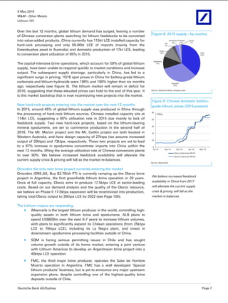 9 May 2016
M&M - Other Metals
Lithium 101
Deutsche Bank AG/Sydney Page 7
Over the last 12 months, global lithium demand has surged, leaving a number
of Chinese conversion plants searching for lithium feedstocks to be converted
into value-added products. China currently has 115kt LCE installed capacity for
hard-rock processing and only 55-60kt LCE of imports (mainly from the
Greenbushes asset in Australia) and domestic production of 17kt LCE, leading
to conversion plant utilization of 65% in 2015.
The capital-intensive brine operations, which account for 50% of global lithium
supply, have been unable to respond quickly to market conditions and increase
output. The subsequent supply shortage, particularly in China, has led to a
significant surge in pricing; 1Q16 spot prices in China for battery-grade lithium
carbonate and lithium hydroxide were 196% and 190% higher than six months
ago, respectively (see Figure 9). The lithium market will remain in deficit for
2016, suggesting that these elevated prices can hold to the end of this year. It
is this market backdrop that is now incentivizing new projects into the market.
New hard-rock projects entering into the market over the next 12 months
In 2015, around 45% of global lithium supply was produced in China through
the processing of hard-rock lithium sources. Chinese installed capacity sits at
114kt LCE, suggesting a 65% utilisation rate in 2015 due mainly to lack of
feedstock supply. Two new hard-rock projects, based on the lithium-bearing
mineral spodumene, are set to commence production in the second half of
2016. The Mt. Marion project and the Mt. Cattlin project are both located in
Western Australia, and have design capacity of 27ktpa (we assume increased
output of 33ktpa) and 13ktpa, respectively. These two projects are set to lead
to a 67% increase in spodumene concentrate imports into China within the
next 12 months, lifting the average utilization rate of Chinese conversion plants
to over 90%. We believe increased feedstock availability will alleviate the
current supply crisis & pricing will fall as the market re-balances.
Orocobre the only new brine project currently entering the market
Orocobre (ORE.AX, Buy $3.70/sh PT) is currently ramping up the Olaroz brine
project in Argentina, the first greenfields lithium brine operation in 20 years.
Once at full capacity, Olaroz aims to produce 17.5ktpa LCE at sector-leading
costs. Based on our demand analysis and the quality of the Olaroz resource,
we believe an Phase II 17.5ktpa expansion will be incentivized into production,
taking total Olaroz output to 35ktpa LCE by 2022 (see Page 105).
The Lithium majors are responding
Albemarle is the largest lithium producer in the world, controlling high-
quality assets in both lithium brine and spodumene. ALB plans to
spend US$600m over the next 6-7 years to increase lithium volumes,
with plans to significantly expand its Chilean operations (from 25ktpa
LCE to 70ktpa LCE), including its La Negra plant, and invest in
downstream spodumene processing facilities outside of China.
SQM is facing serious permitting issues in Chile and has sought
volume growth outside of its home market, entering a joint venture
with Lithium Americas to develop an Argentinean brine project into a
40ktpa LCE operation.
FMC, the third major brine producer, operates the Salar de Hombre
Muerto operation in Argentina. FMC has a well developed ‘Special
lithium products’ business, but is yet to announce any major upstream
expansion plans, despite controlling one of the highest-quality brine
deposits outside of Chile.
Figure 8: 2015 supply - by country
Chile
37%
Australia
33%
Argentina
11%
China
10%
US
3%
Zimbabwe
3%
Portugal
2%
Brazil
1%
Source: Deutsche Bank, company data
Figure 9: Chinese domestic battery-
grade lithium prices (2015-present)
5
10
15
20
25
30
Jul-15 Sep-15 Nov-15 Jan-16 Mar-16
US$/kg
Lithium Hydroxide 56.5%
Lithium Carbonate 99.5%
Source: Asianmetal
We believe increased feedstock
availability in China from 2017
will alleviate the current supply
crisis & pricing will fall as the
market re-balances.
 