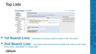Top Lists




▪ 1st Search Line:               examples of phrases used to create a “top” list online


▪ 2nd Search Line:                  Any brand name and all of the worlds that make up the brand.
 In this case, “Scoutlabs” or “Scout Labs.”
 