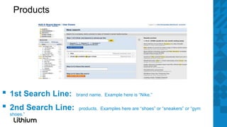 Products




▪ 1st Search Line:   brand name. Example here is “Nike.”


▪ 2nd Search Line:
 shoes.”
                      products. Examples here are “shoes” or “sneakers” or “gym
 