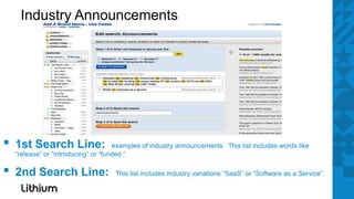 Industry Announcements




▪   1st Search Line:                  examples of industry announcements. This list includes words like
    “release” or “introducing” or “funded.”

▪   2nd Search Line:                 This list includes industry variations “SaaS” or “Software as a Service”.
 