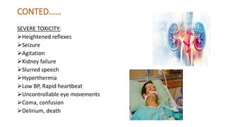 CONTED……
SEVERE TOXICITY:
Heightened reflexes
Seizure
Agitation
Kidney failure
Slurred speech
Hyperthermia
Low BP, Rapid heartbeat
Uncontrollable eye movements
Coma, confusion
Delirium, death
 
