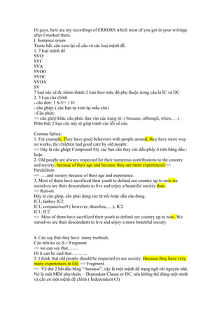 Hi guys, here are my recordings of ERRORS which most of you got in your writings
after I marked them.
I. Sentence errors
Trước hết, cần xem lại về câu và các loại mệnh đề.
1. 7 loại mệnh đề
SVO:
SVC
SVA
SVOO
SVOC
SVOA
SV
7 loại này sẽ đc nhóm thành 2 loại theo mức độ phụ thuộc trong câu là IC và DC
2. 3 Lọa câu chính
- câu đơn: 1 S-V= 1 IC
- câu ghép: ( các bạn tự xem lại mẫu câu)
- Câu phức:
=> câu ghép khác câu phức dựa vào các trạng từ: ( because, although, when,….).
Phân biệt 2 loại câu này sẽ giúp tránh các lỗi về câu.

Comma Splice:
1. For example, They have good behaviors with people around, they have more way
on works, the children had good care by old people.
=> Đây là câu ghép( Compound St), các bạn cần thay các dấu phẩy ở trên bằng dấu ;
hoặc .
2. Old people are always respected for their numerous contributions to the country
and society, because of their age and because they are more experienced.=>
Paralellism
=> …..and society because of their age and experience.
3, Most of them have sacrificed their youth to defend our country up to now we
ourselves are their descendants to live and enjoy a beautiful society than.
=> Run-on.
Đây là câu ghép, cần phải dùng các từ nối hoặc dấu câu đúng.
IC1, fanboy IC2
IC1; conjunctives9 ( however, therefore,….), IC2
IC1; IC2
=> Most of them have sacrificed their youth to defend our country up to now. We
ourselves are their descendants to live and enjoy a more beautiful society.


4. Can say that they have many methods.
Câu trên ko có S-> Fragment.
=> we can say that…….
Or it can be said that………..
5. I think that old people should be respected in our society. Because they have very
many experiences in life. => Fragment.
=> Vế thứ 2 bắt đầu bằng “ because”, vậy là một mệnh đề trạng ngữ chỉ nguyên nhâ.
Nó là một MĐề phụ thuộc – Dependent Clause or DC, nên không thể đứng một mình
và cần có một mệnh đề chính ( Independent Cl)
 
