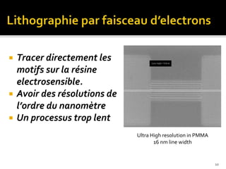  Tracer directement les
motifs sur la résine
electrosensible.
 Avoir des résolutions de
l’ordre du nanomètre
 Un processus trop lent
Ultra High resolution in PMMA
16 nm line width
10
 
