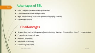 Print complex patterns directly on wafers
 Eliminates the diffraction problem
 High resolution up to 20 nm (photolithography ~50nm)
 Flexible technique
 Slower than optical lithography (approximately 5 wafers / hour at less than 0.1 µ resolution).
 Expensive and complicated
 Forward scattering
 Backward scattering
 Secondary electrons
Advantages of EBL
Disadvantages
10/7/2020Dr.PSK, Professor, SVSCE
11
 