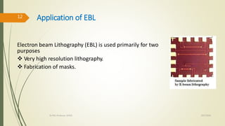 Electron beam Lithography (EBL) is used primarily for two
purposes
 Very high resolution lithography.
 Fabrication of masks.
Application of EBL
10/7/2020Dr.PSK, Professor, SVSCE
12
 