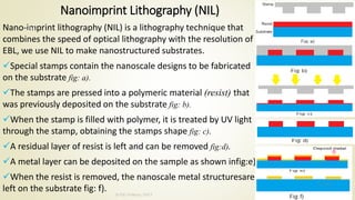 Nanoimprint Lithography (NIL)
Nano-imprint lithography (NIL) is a lithography technique that
combines the speed of optical lithography with the resolution of
EBL, we use NIL to make nanostructured substrates.
Special stamps contain the nanoscale designs to be fabricated
on the substrate fig: a).
The stamps are pressed into a polymeric material (resist) that
was previously deposited on the substrate fig: b).
When the stamp is filled with polymer, it is treated by UV light
through the stamp, obtaining the stamps shape fig: c).
A residual layer of resist is left and can be removed fig:d).
A metal layer can be deposited on the sample as shown infig:e)
When the resist is removed, the nanoscale metal structuresare
left on the substrate fig: f).
10/7/2020
Dr.PSK, Professor, SVSCE
24
 