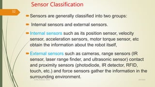 Sensor Classification
Sensors are generally classified into two groups:
 Internal sensors and external sensors.
Internal sensors such as its position sensor, velocity
sensor, acceleration sensors, motor torque sensor, etc
obtain the information about the robot itself,
External sensors such as cameras, range sensors (IR
sensor, laser range finder, and ultrasonic sensor) contact
and proximity sensors (photodiode, IR detector, RFID,
touch, etc.) and force sensors gather the information in the
surrounding environment. 10/7/2020Dr.PSK, Professor, SVSCE
32
 