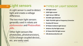 TYPES OF LIGHT SENSOR
 VEX light sensor
 LEGO light sensor
 Light Sensor 1000 lux
 SCI-BOX Light Detector
 TAOS TSL235R Light to Frequency Converter
 Parallax QTI Sensor
 DF Robot Ambient Light Sensor
 Arduino Lily Pad light sensor
 DF Robot BH1750 light sensor
 CdS photoconductive cell
Light sensors
A Light sensor is used to detect
light and create a voltage
difference.
The two main light sensors
generally used in robots are
photoresistor and Photovoltaic
cells.
Other light sensors like
phototubes, phototransistors,
CCDs (charge-coupled device) ,
etc. are rarely used.
10/7/2020Dr.PSK, Professor, SVSCE
34
 