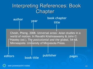 Interpreting References: Book Chapter  author book chapter title Cheah, Pheng. 2008. Universal areas: Asian studies in a world of motion . In Revathi Krishnaswamy & John C. Hawley (ed.),  The postcolonial and the global , 54-68.  Minneapolis: University of Minnesota Press. year publisher book title pages editors see powerpoint notes 