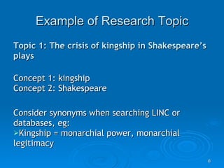 Example of Research Topic Topic 1: The crisis of kingship in Shakespeare’s plays Concept 1: kingship Concept 2: Shakespeare  Consider synonyms when searching LINC or databases, eg: Kingship = monarchial power, monarchial legitimacy 