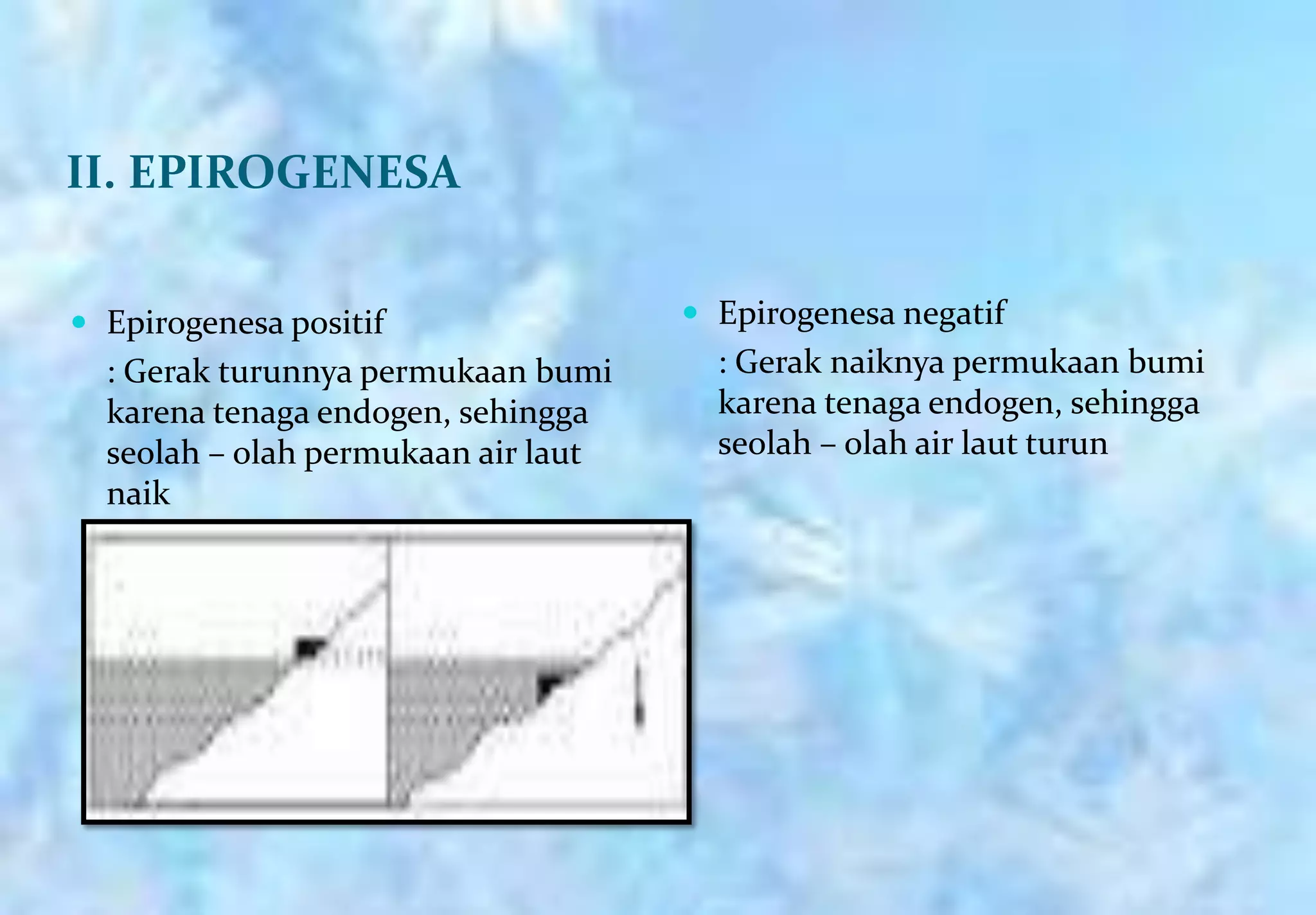 II. EPIROGENESA


 Epirogenesa positif                 Epirogenesa negatif
  : Gerak turunnya permukaan bumi      : Gerak naiknya permukaan bumi
  karena tenaga endogen, sehingga      karena tenaga endogen, sehingga
  seolah – olah permukaan air laut     seolah – olah air laut turun
  naik
 