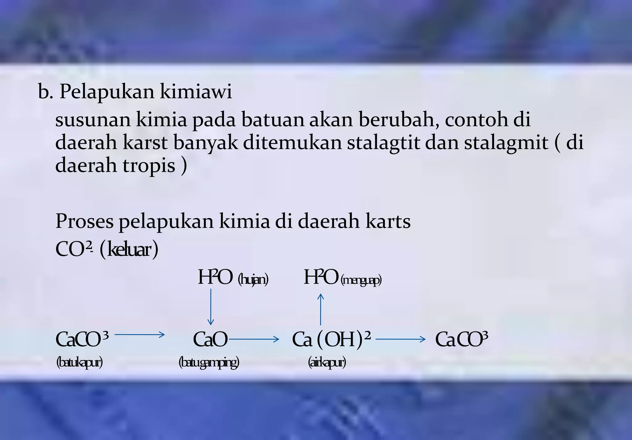 b. Pelapukan kimiawi
  susunan kimia pada batuan akan berubah, contoh di
  daerah karst banyak ditemukan stalagtit dan stalagmit ( di
  daerah tropis )

 Proses pelapukan kimia di daerah karts
 CO² (keluar)
                H²O (hujan) H²O(menguap)

 CaCO³             CaO          Ca (OH)²      CaCO³
  (batukapur)   (batugamping)    (airkapur)
 