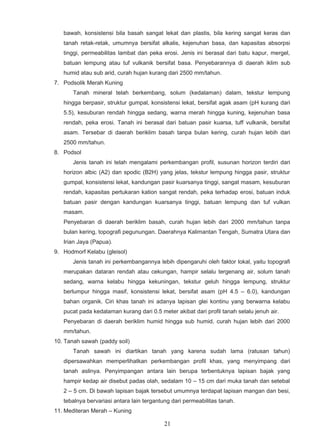 bawah, konsistensi bila basah sangat lekat dan plastis, bila kering sangat keras dan
   tanah retak-retak, umumnya bersifat alkalis, kejenuhan basa, dan kapasitas absorpsi
   tinggi, permeabilitas lambat dan peka erosi. Jenis ini berasal dari batu kapur, mergel,
   batuan lempung atau tuf vulkanik bersifat basa. Penyebarannya di daerah iklim sub
   humid atau sub arid, curah hujan kurang dari 2500 mm/tahun.
7. Podsolik Merah Kuning
       Tanah mineral telah berkembang, solum (kedalaman) dalam, tekstur lempung
   hingga berpasir, struktur gumpal, konsistensi lekat, bersifat agak asam (pH kurang dari
   5.5), kesuburan rendah hingga sedang, warna merah hingga kuning, kejenuhan basa
   rendah, peka erosi. Tanah ini berasal dari batuan pasir kuarsa, tuff vulkanik, bersifat
   asam. Tersebar di daerah beriklim basah tanpa bulan kering, curah hujan lebih dari
   2500 mm/tahun.
8. Podsol
       Jenis tanah ini telah mengalami perkembangan profil, susunan horizon terdiri dari
   horizon albic (A2) dan spodic (B2H) yang jelas, tekstur lempung hingga pasir, struktur
   gumpal, konsistensi lekat, kandungan pasir kuarsanya tinggi, sangat masam, kesuburan
   rendah, kapasitas pertukaran kation sangat rendah, peka terhadap erosi, batuan induk
   batuan pasir dengan kandungan kuarsanya tinggi, batuan lempung dan tuf vulkan
   masam.
   Penyebaran di daerah beriklim basah, curah hujan lebih dari 2000 mm/tahun tanpa
   bulan kering, topografi pegunungan. Daerahnya Kalimantan Tengah, Sumatra Utara dan
   Irian Jaya (Papua).
9. Hodmorf Kelabu (gleisol)
       Jenis tanah ini perkembangannya lebih dipengaruhi oleh faktor lokal, yaitu topografi
   merupakan dataran rendah atau cekungan, hampir selalu tergenang air, solum tanah
   sedang, warna kelabu hingga kekuningan, tekstur geluh hingga lempung, struktur
   berlumpur hingga masif, konsistensi lekat, bersifat asam (pH 4.5 – 6.0), kandungan
   bahan organik. Ciri khas tanah ini adanya lapisan glei kontinu yang berwarna kelabu
   pucat pada kedalaman kurang dari 0.5 meter akibat dari profil tanah selalu jenuh air.
   Penyebaran di daerah beriklim humid hingga sub humid, curah hujan lebih dari 2000
   mm/tahun.
10. Tanah sawah (paddy soil)
       Tanah sawah ini diartikan tanah yang karena sudah lama (ratusan tahun)
   dipersawahkan memperlihatkan perkembangan profil khas, yang menyimpang dari
   tanah aslinya. Penyimpangan antara lain berupa terbentuknya lapisan bajak yang
   hampir kedap air disebut padas olah, sedalam 10 – 15 cm dari muka tanah dan setebal
   2 – 5 cm. Di bawah lapisan bajak tersebut umumnya terdapat lapisan mangan dan besi,
   tebalnya bervariasi antara lain tergantung dari permeabilitas tanah.
11. Mediteran Merah – Kuning

                                           21
 