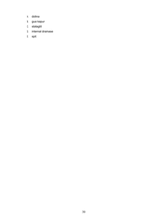A.   dolina
B.   gua kapur
C.   stalagtit
D.   internal drainase
E.   spit




                         30
 