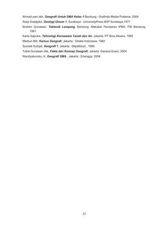 Ahmad yani dkk, Geografi Untuk SMA Kelas 1 Bandung : Grafindo Media Pratama, 2004
Asep Soedjoko, Geologi Umum 1, Surabaya : UniversityPress IKIP Surabaya,1977
Ibrahim Gunawan, Tektonik Lempeng, Bandung :Makalah Penataran IPBA. ITB Bandung,
      1991
Karta Saputra, Tehnologi Konsewasi Tanah dan Air, Jakarta: PT Bina Aksara, 1985
Marbun MA, Kamus Geografi, Jakarta : Ghalia Indonesia, 1982
Sumadi Sutrijat, Geografi 1, Jakarta : Depdikbud , 1999
Totok Gunawan dkk, Fakta dan Konsep Geografi, Jakarta: Ganexa Exact, 2004
Wardiyatunoko, K. Geografi SMA , Jakarta : Erlangga, 2004.




                                             32
 