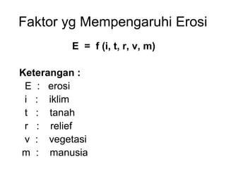 Faktor yg Mempengaruhi Erosi
E = f (i, t, r, v, m)
Keterangan :
E : erosi
i : iklim
t : tanah
r : relief
v : vegetasi
m : manusia

 