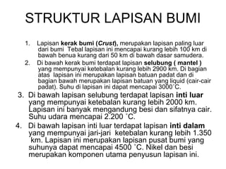 STRUKTUR LAPISAN BUMI
1.
2.

Lapisan kerak bumi (Crust), merupakan lapisan paling luar
dari bumi Tebal lapisan ini mencapai kurang lebih 100 km di
bawah benua kurang dari 50 km di bawah dasar samudera.
Di bawah kerak bumi terdapat lapisan selubung ( mantel )
yang mempunyai ketebalan kurang lebih 2900 km. Di bagian
atas lapisan ini merupakan lapisan batuan padat dan di
bagian bawah merupakan lapisan batuan yang liquid (cair-cair
padat). Suhu di lapisan ini dapat mencapai 3000˚C.

3. Di bawah lapisan selubung terdapat lapisan inti luar
yang mempunyai ketebalan kurang lebih 2000 km.
Lapisan ini banyak mengandung besi dan sifatnya cair.
Suhu udara mencapai 2.200 ˚C.
4. Di bawah lapisan inti luar terdapat lapisan inti dalam
yang mempunyai jari-jari ketebalan kurang lebih 1.350
km. Lapisan ini merupakan lapisan pusat bumi yang
suhunya dapat mencapai 4500 ˚C. Nikel dan besi
merupakan komponen utama penyusun lapisan ini.

 