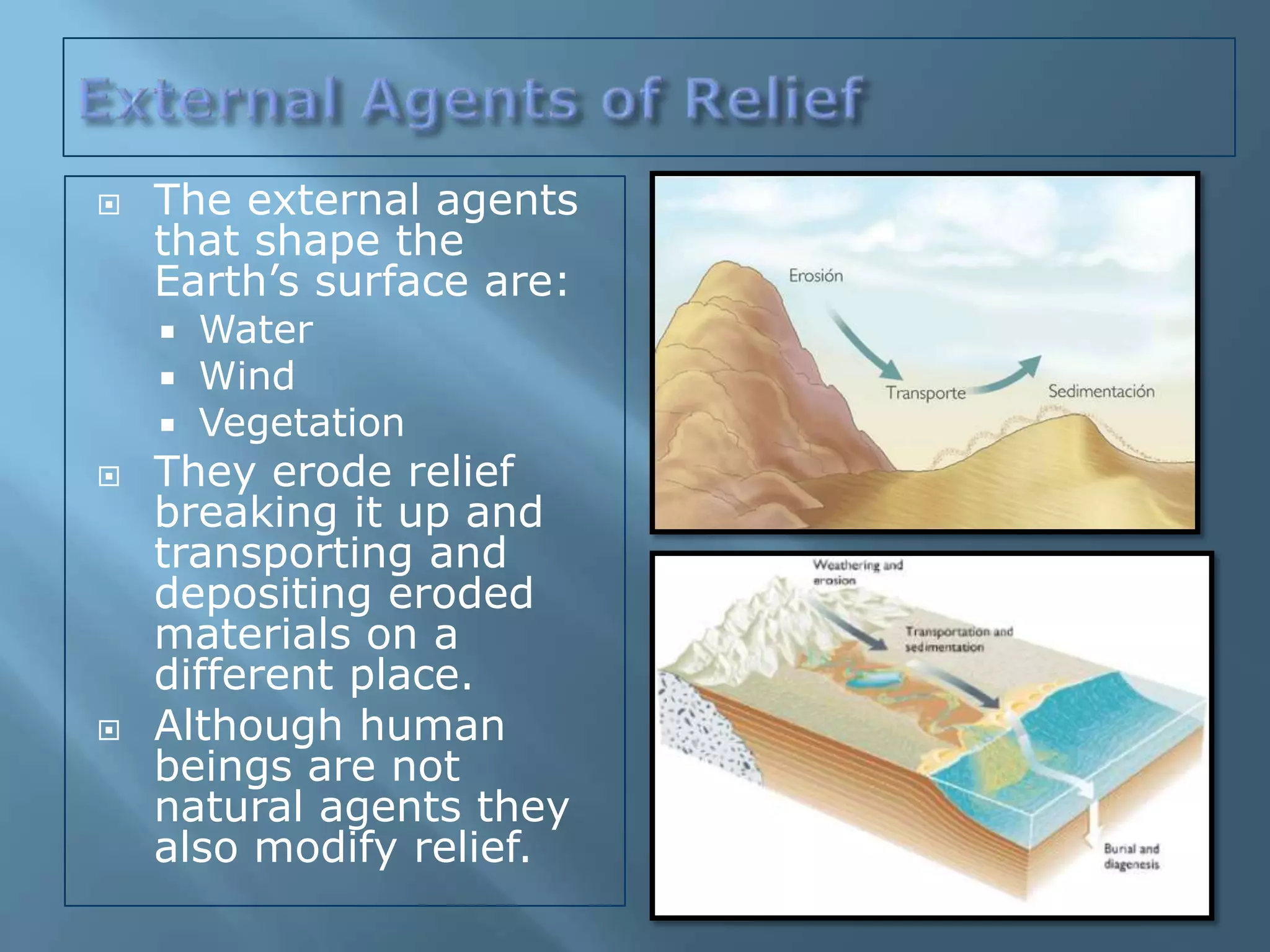    The external agents
    that shape the
    Earth’s surface are:
       Water
       Wind
       Vegetation
   They erode relief
    breaking it up and
    transporting and
    depositing eroded
    materials on a
    different place.
   Although human
    beings are not
    natural agents they
    also modify relief.
 