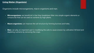 Living Matter (Organisms)
Organisms include microorganisms, macro-organisms and man.
 Microorganisms: are beneficial in that they breakdown litter into simple organic elements or
compounds that can be used as nutrients by high plants.
 Macro organisms: can improve the soil structure by forming burrows and holes.
 Man: can play an important part in modifying the soils to cause erosion by cultivation hill land and
depleting nutrients by removing the crops.
 