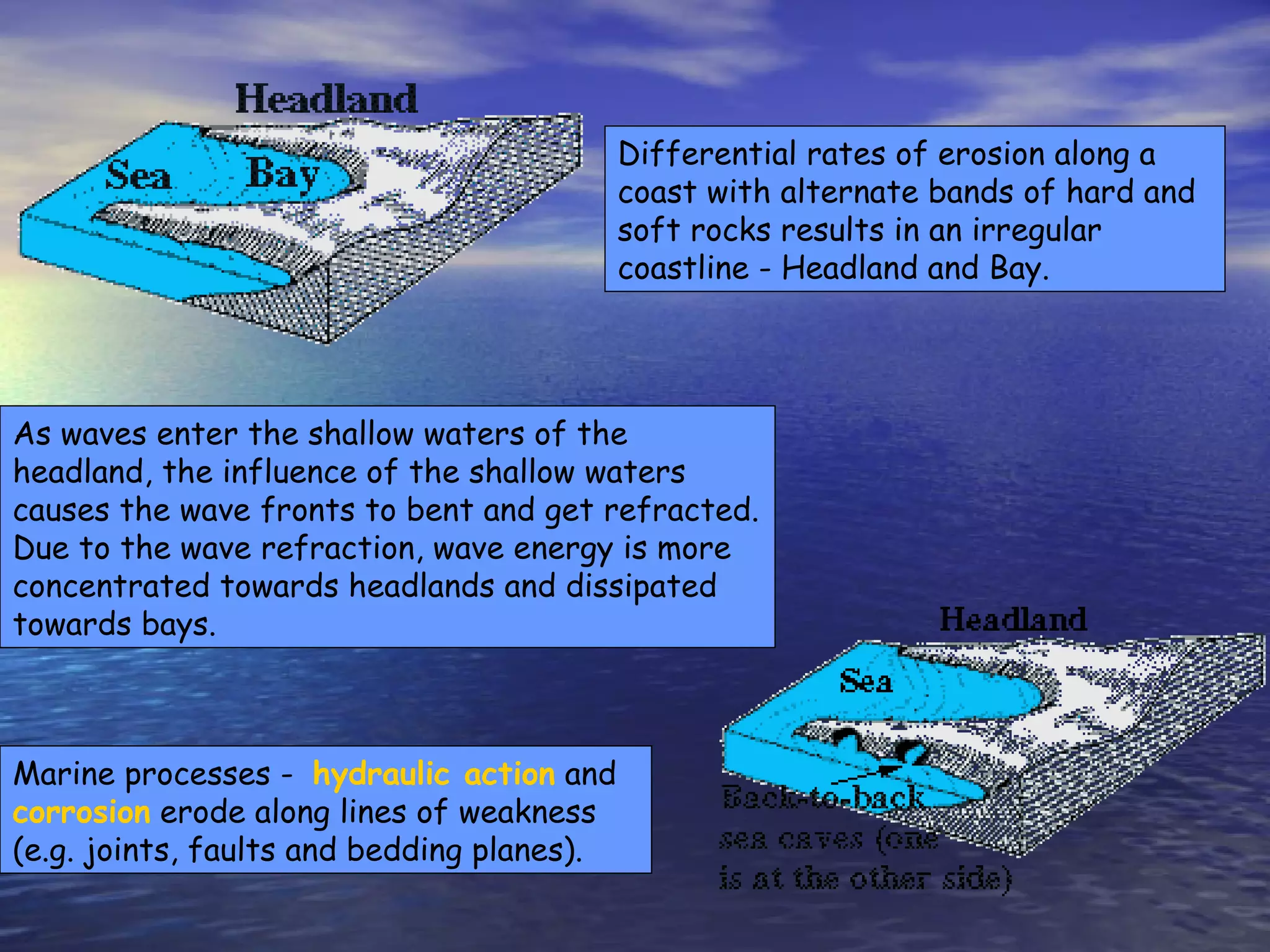 As waves enter the shallow waters of the headland, the influence of the shallow waters causes the wave fronts to bent and get refracted. Due to the wave refraction, wave energy is more concentrated towards headlands and dissipated towards bays.  Differential rates of erosion along a coast with alternate bands of hard and soft rocks results in an irregular coastline - Headland and Bay.   Marine processes -   hydraulic action   and  corrosion   erode along lines of weakness (e.g. joints, faults and bedding planes).  