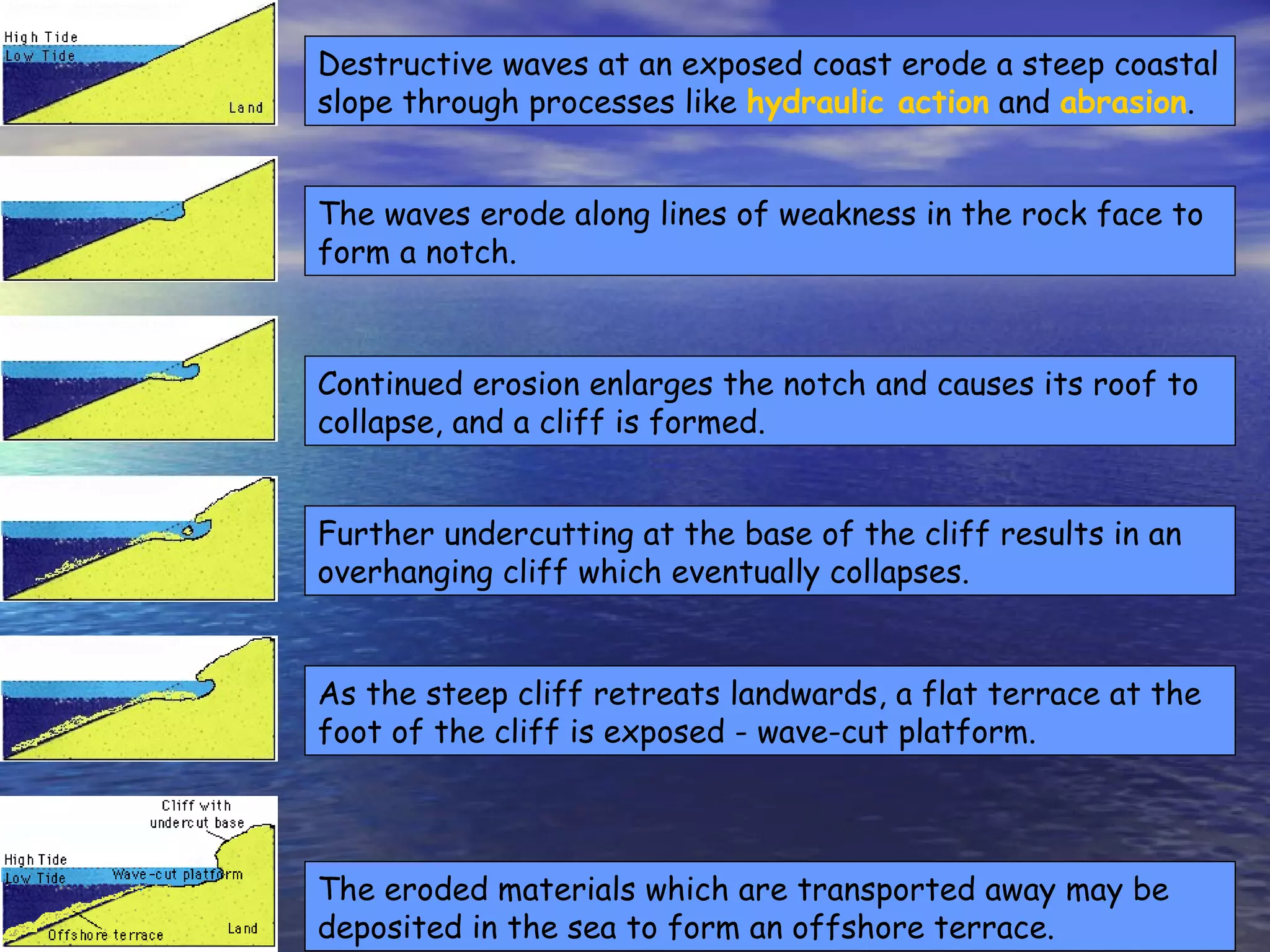 Destructive waves at an exposed coast erode a steep coastal slope through processes like  hydraulic action  and  abrasion .  The waves erode along lines of weakness in the rock face to form a notch.  Continued erosion enlarges the notch and causes its roof to collapse, and a cliff is formed.  Further undercutting at the base of the cliff results in an overhanging cliff which eventually collapses.  As the steep cliff retreats landwards, a flat terrace at the foot of the cliff is exposed - wave-cut platform.  The eroded materials which are transported away may be deposited in the sea to form an offshore terrace.  