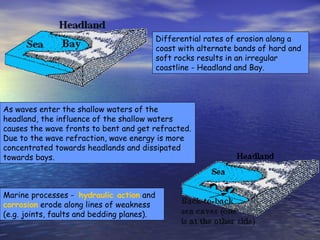 As waves enter the shallow waters of the headland, the influence of the shallow waters causes the wave fronts to bent and get refracted. Due to the wave refraction, wave energy is more concentrated towards headlands and dissipated towards bays.  Differential rates of erosion along a coast with alternate bands of hard and soft rocks results in an irregular coastline - Headland and Bay.   Marine processes -   hydraulic action   and  corrosion   erode along lines of weakness (e.g. joints, faults and bedding planes).  