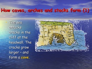 How caves, arches and stacks form (1) The sea attacks cracks in the cliff at the headwall. The cracks grow larger – and form a  cave . 