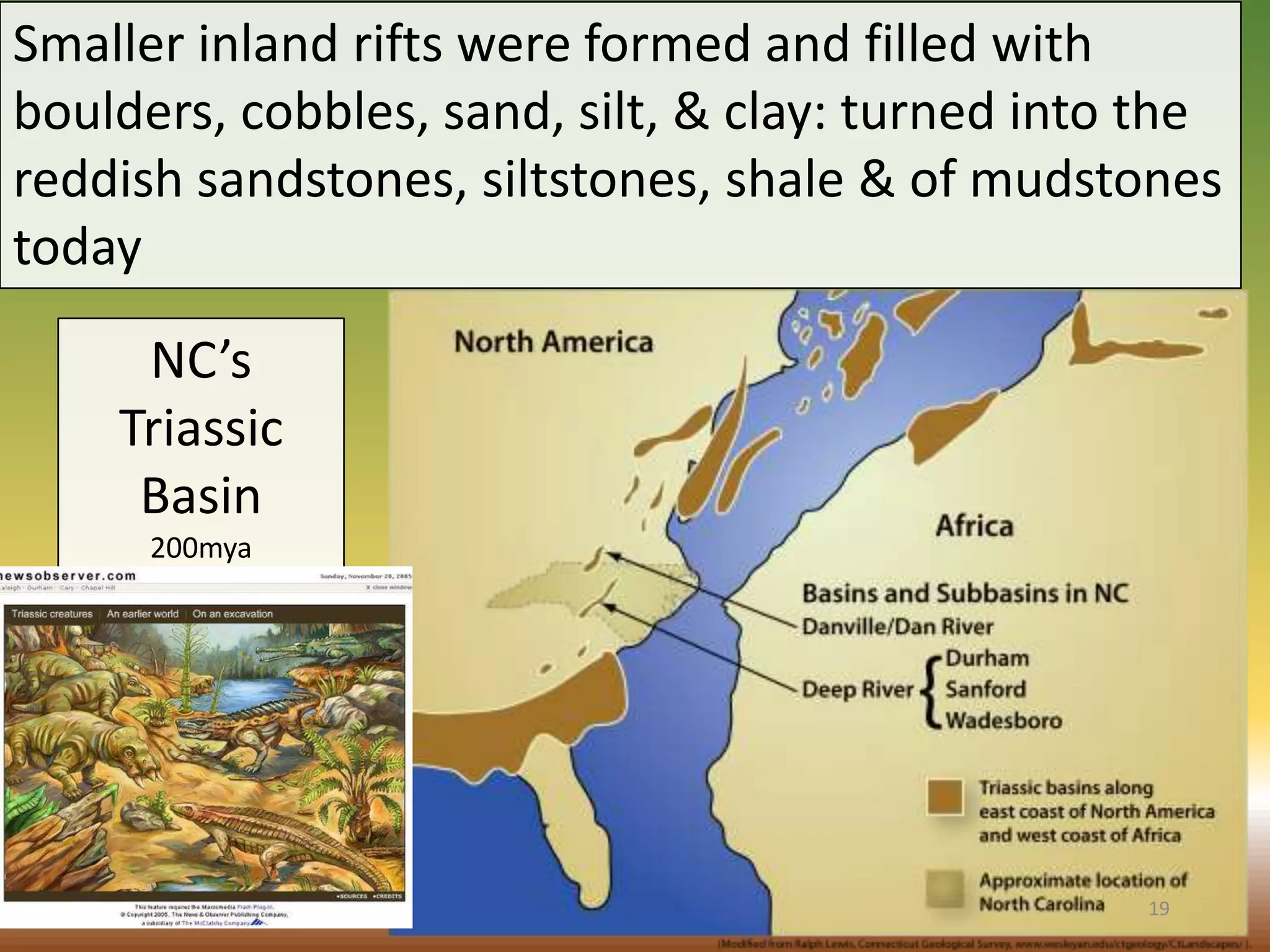 NC’s
Triassic
Basin
200mya
Smaller inland rifts were formed and filled with
boulders, cobbles, sand, silt, & clay: turned into the
reddish sandstones, siltstones, shale & of mudstones
today
19
 