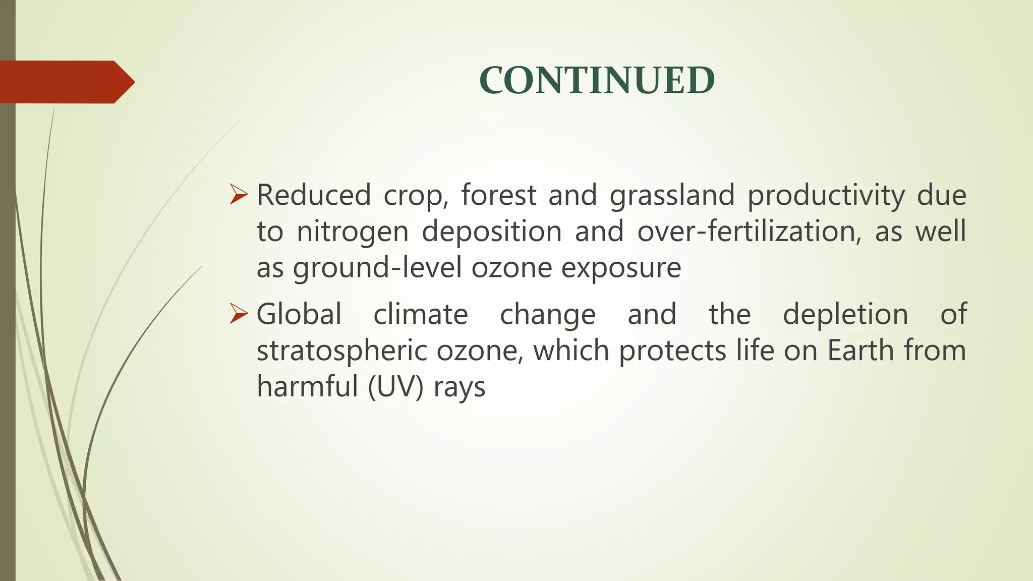 CONTINUED
 Reduced crop, forest and grassland productivity due
to nitrogen deposition and over-fertilization, as well
as ground-level ozone exposure
 Global climate change and the depletion of
stratospheric ozone, which protects life on Earth from
harmful (UV) rays
 