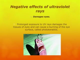 Negative effects of ultraviolet
rays
 Damages eyes.
 Prolonged exposure to UV rays damages the
tissues of eyes and can cause a burning of the eye
surface, called photokeratitis.
 