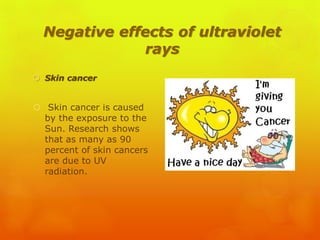 Negative effects of ultraviolet
rays
 Skin cancer
 Skin cancer is caused
by the exposure to the
Sun. Research shows
that as many as 90
percent of skin cancers
are due to UV
radiation.
 