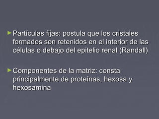►Partículas fijas: postula que los cristalesPartículas fijas: postula que los cristales
formados son retenidos en el interior de lasformados son retenidos en el interior de las
células o debajo del epitelio renal (Randall)células o debajo del epitelio renal (Randall)
►Componentes de la matriz: constaComponentes de la matriz: consta
principalmente de proteínas, hexosa yprincipalmente de proteínas, hexosa y
hexosaminahexosamina
 