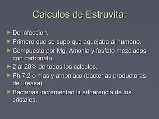 Calculos de Estruvita:Calculos de Estruvita:
► De infeccion.De infeccion.
► Primero que se supo que aquejaba al humano.Primero que se supo que aquejaba al humano.
► Compuesto por Mg, Amonio y fosfato mezcladosCompuesto por Mg, Amonio y fosfato mezclados
con carbonato.con carbonato.
► 2 al 20% de todos los calculos.2 al 20% de todos los calculos.
► Ph 7.2 o mas y amoniaco (bacterias productorasPh 7.2 o mas y amoniaco (bacterias productoras
de ureasa)de ureasa)
► Bacterias incrementan la adherencia de losBacterias incrementan la adherencia de los
cristales.cristales.
 