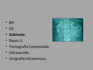 • BH
• QS
• Gabinete.
• Rayos X.
• Tomografía Computada.
• Ultrasonido.
• Urografía intravenosa
 