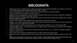 • Motta Ramirez GA y cols. Malformaciones congénitas del sistema urinario: Abordaje Radiológico y por Imagen con Análisis de
la Terminología aplicada. Anales de Radiología de México; 2008. 4: 259-278.
• Davidson. Radiología del riñón. Capítulo 17, Dilatación del sistema pielocalicial y el uréter.Pag. 466-468.
• Rumack CM. Diagnóstico por Ecografía. 3ª edición. Pg. 89-93.
• Wolfgang, Dähnert. Radiodiagnóstico, Manual de Repaso. Diagnóstico diferencial de los trastornos urogenitales. Megauréter.
Reflujo vesicoureteral. 3ª edición, Review. Pag. 1211-1212.
• Edwards A, Peters CA. Managing vesicoureteral reflux in children: making sense of all the data. F1000Res. 2019; 8 Faculty
Rev-29. Published 2019 Jan 8.
• Escribano, Joaquín Ashcraft. Cirugía Pediátrica. Reflujo vesicoureteral. 4ta edición. Pag. 744-763
• Slabbaert, K. et al. Reflujo vesicoureteral en niños: ¿Dónde estamos actualmente?. Editorial Iniestares. Archivos españoles de
urología, vol. 65, núm. 4, mayo 2012. Pag. 450-458.
• Rodríguez, Jorge et al. Reflujo vesicoureteral. Scielo. Revista chilena de pediatría, vol. 71, Nº 5, Santiago.2000
• Traba Villameytide, Mª L., & Fernández-Guerrero, M.. (2004). Litiasis renal inducida por Indinavir. Actas Urológicas
Españolas, 28(7), 523-526.
• Diagnosis of Megaureter by Point-of-Care Ultrasound. Mackenzie, David C. et al. Journal of Emergency Medicine ,
Volume 47 , Issue 1 , e1 - e3
• Borhani, Furlan, Heller; Diagnostic Imaging Genitourinary, 3° edition, ExpertConsult, Elsevier, 2016
• Reales-Páez E; Díaz P. Uropatía obstructiva: estenosis urétero-piélica. Anuario Fundación Villavicencio. 2005. No. XIII pp. 071-
075.
• Diagnosis and management of renal stones in adults and children. Revista Médica Clínica Condes. Ricardo Susaeta, David
Benavente, Fernando Marchant, Renato Gana. Volume 29, Issue 2, March–April 2018, Pages 197-212.
17
 