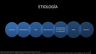 ETIOLOGÍA
GenéticaDieta
Antecedentes
de infecciones
de repetición
HipercalciuriaGotaHiperoxaluriaCistinuria
4Borhani, Furlan, Heller; Diagnostic Imaging Genitourinary, 3° edition, ExpertConsult, Elsevier, 2016
New and Evolving Concepts in the Imaging and Management of Urolithiasis: Urologists’ Perspective. Avinash R. Kambadakone, Brian H. Eisner, Onofrio Antonio Catalano, Dushyant V. Sahani. Radiographics. 2010. 30: 603-623.
 
