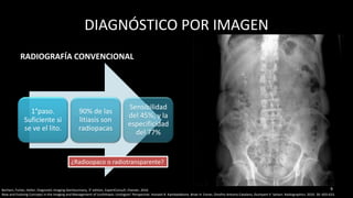 DIAGNÓSTICO POR IMAGEN
RADIOGRAFÍA CONVENCIONAL
1°paso.
Suficiente si
se ve el lito.
90% de las
litiasis son
radiopacas
Sensibilidad
del 45%, y la
especificidad
del 77%
9
¿Radioopaco o radiotransparente?
9Borhani, Furlan, Heller; Diagnostic Imaging Genitourinary, 3° edition, ExpertConsult, Elsevier, 2016
New and Evolving Concepts in the Imaging and Management of Urolithiasis: Urologists’ Perspective. Avinash R. Kambadakone, Brian H. Eisner, Onofrio Antonio Catalano, Dushyant V. Sahani. Radiographics. 2010. 30: 603-623.
 