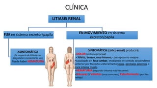 CLÍNICA
LITIASIS RENAL
FIJA en sistema excretor/papila
ASINTOMÁTICA
(la mayoría de litiasis con
diagnóstico incidental lo son)
Puede haber HEMATURIA
EN MOVIMIENTO en sistema
excretor/papila
SINTOMÁTICA (cólico renal) producirá:
-DOLOR (síntoma principal)
▪ Súbito, brusco, muy intenso, con reposo no mejora
▪Localizado en fosa lumbar, irradiando en sentido descendente
anterior por trayecto ureteral hasta vejiga, genitales externos o
cara interna muslo.
-HEMATURIA (segundo síntoma más frecuente)
-Náuseas y Vómitos (muy comunes), Estreñimiento (por íleo
reflejo)
 