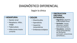 DIAGNÓSTICO DIFERENCIAL
• HEMATURIA:
• Quiste renal
• Neoplasia: riñón,
vejiga.
• Tuberculosis
• Infecciones tracto
urinario
• DOLOR:
• Diverticulitis
• Apendicitis
• Isquemia
mesentérica
• Embarazo ectópico
• OBSTRUCCION
URETERAL
EXTRINSECA:
• Digestivas: plastrón,
enfermedad Chron
• Genitales: masas,
abscesos, torsión
testicular/ovárica…
• Vasculares: embolia
renal (antecedentes
de fibrilación
auricular), aneurismas
aortoilíacos…
Según la clínica
 