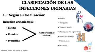 Disuria
Polaquiuria
Tenesmo vesical
Molestia o dolor suprapúbico
Urgencia miccional
Incontinencia
Hematuria.
Semiología Médica, 3era Edición - H. Argente
CLASIFICACIÓN DE LAS
INFECCIONES URINARIAS
Según su localización:
1.
Infección urinaria baja:
Cistitis
Uretritis
Prostatitis
Manifestaciones
clìnicas:
 