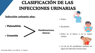 Pielonefritis
Uroteritis
Pielonefritis
Uroteritis
Fiebre
Escalofríos
Dolor en el flanco o en la región
lumbar
1/3 de los Px manifiestan también los
signos de infección urinaria baja.
Semiología Médica, 3era Edición - H. Argente
CLASIFICACIÓN DE LAS
INFECCIONES URINARIAS
Infección urinaria alta:
Manifestaciones
clìnicas:
 